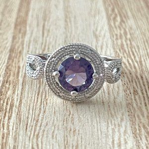 Round Simulated Amethyst Halo Ring w/ Looping Split Shank - 925 Sterling Silver